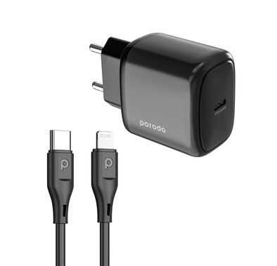 Porodo EU Quick Charger with 1.2m USB-C to Lightning Cabl...