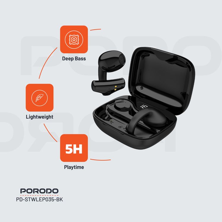 Porodo Soundtec TWS Ear Clip, 10m Transmission Range, Bluetooth V5.3, Up to 24 Hours Play Time, 300mAh Battery Capacity - Black