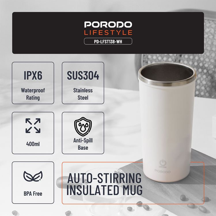 Porodo Lifestyle Auto-Stirring Insulated Mug with 400mL Capacity, Anti-Slip Base, 300mAh Battery Capacity, 120-Seconds Mixing Time with Auto-Stop - White