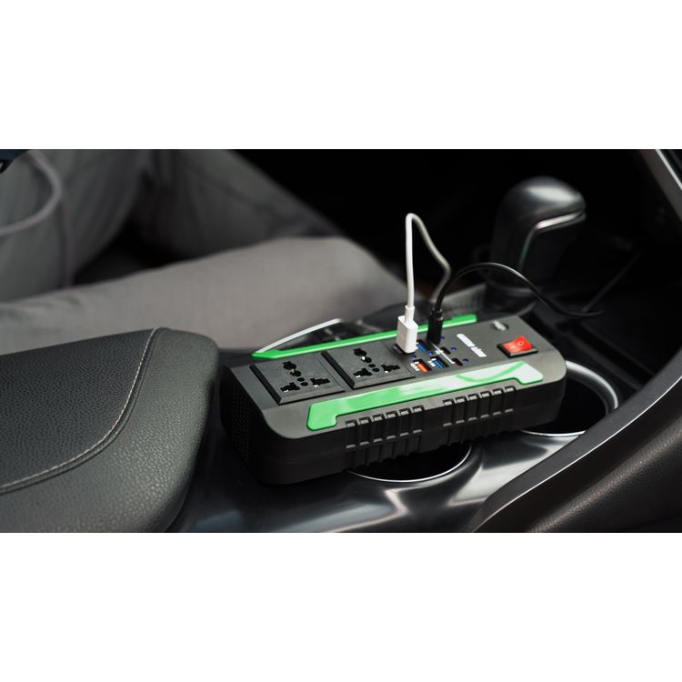 محول طاقة Green Lion Spark 300، 2 مقبس تيار متردد، 3 منافذ PD من النوع C، 4 منافذ USB-A، طاقة قصوى 300 وات، حماية من الجهد العالي - أسود