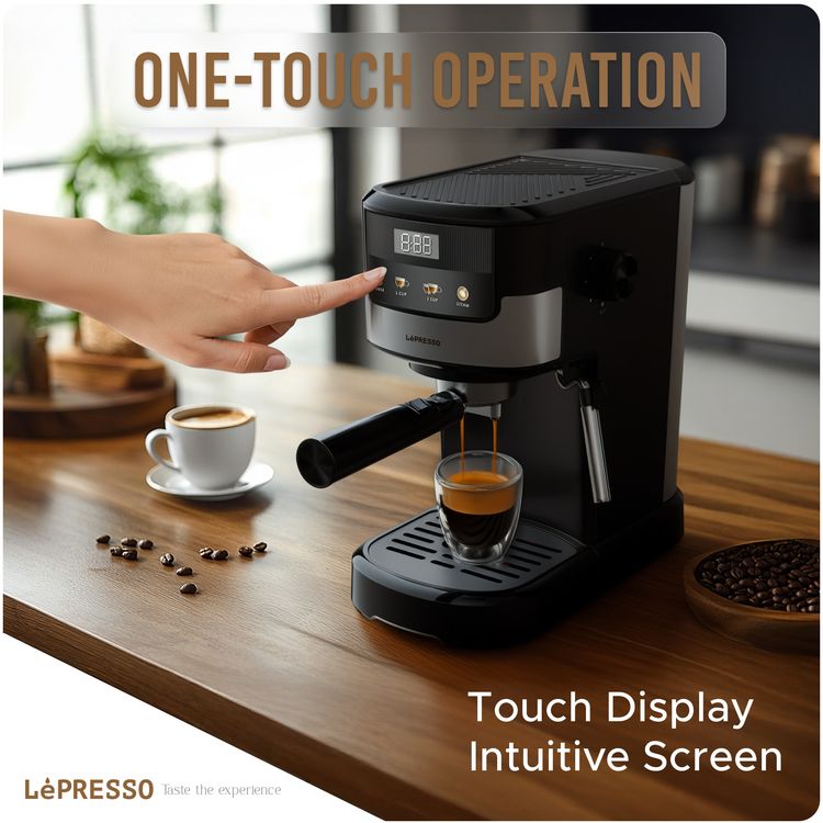 LePresso Suprema Espresso Machine, Minimal Device, Two Cups Dual, Touch Display, Nespresso Compatible, Milk Steamer, Intuitive Screen, 1.2L Water Tank Capacity, 1100W Power Rate - Black