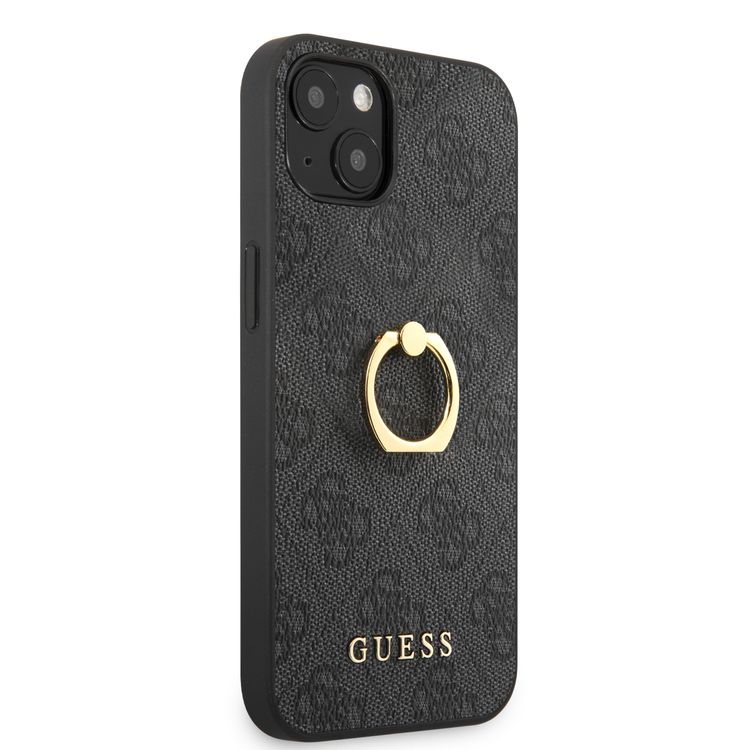CG MOBILE Guess PU Leather 4G Case with 360° Rotating Ring Grip Holder Stand Compatible for iPhone 13 Mini (5.4") Suitable with Wireless Charging Officially Licensed - Black