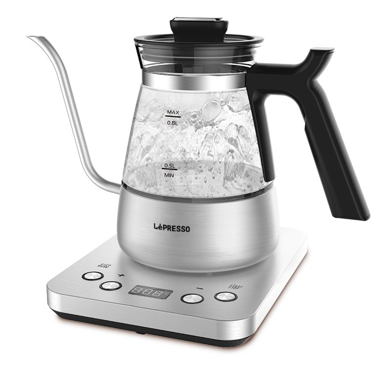 LePresso BrewWave Gooseneck Electric Kettle with Digital Base, Keep Warm Function, 800mL Capacity, Vacuum Double-Layer Insulation, Digital Temperature Control, Boil Dry Protection - Silver