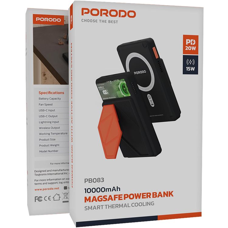 Porodo 10000mAh MagSafe Power Bank with Smart Thermal Cooling, 20W PD USB-C Output, 15W Wireless Charging Output, 10W Lightning Input, Built-in Stand, RGB Dynamic Lights - Black