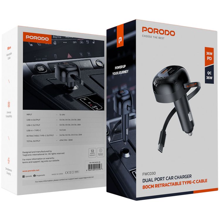 Porodo Dual Port Car Charger with 80cm Retractable Type-C Cable, Simultaneous Charging, Universal Compatibility, 47W Total Output Power - Black