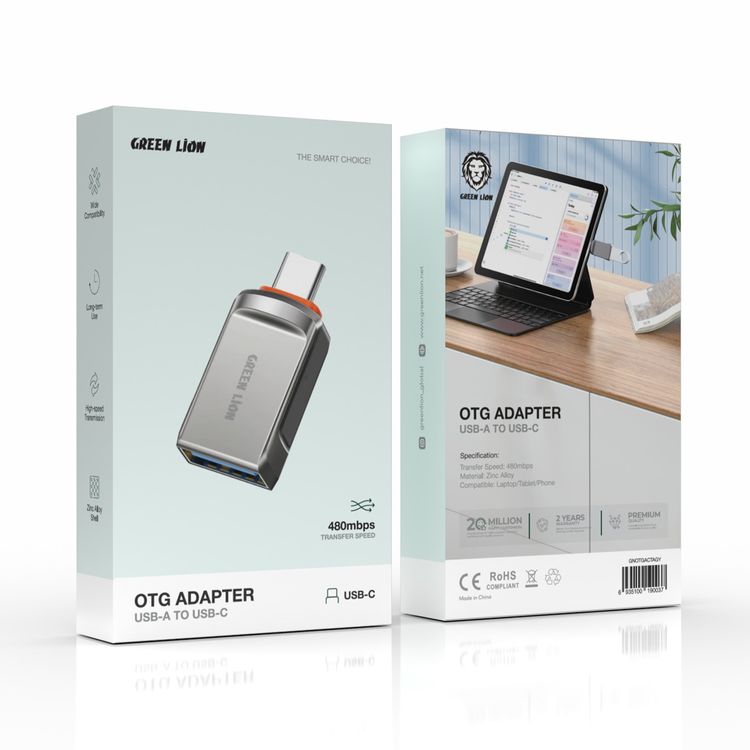 Green Lion OTG 2.0 Adapter, USB-A to USB-C, Long-term Use, Wide Compatibility, 480Mbps High Transfer Speed, Zinc Alloy Shell - Gray