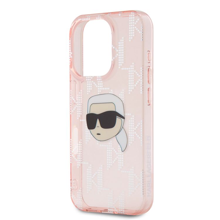 جراب Karl Lagerfeld IML الصلب مع تصميم Karl Head &amp; Monogram مطلي بالكهرباء لهاتف iPhone 16 Pro Max - وردي