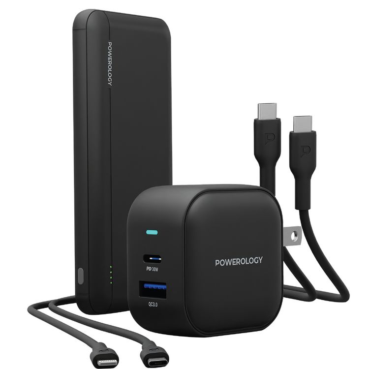 Powerology 5-in-1 Universal Power Combo with Power Bank, Universal Travel Charger & Fast-Charging Cables, 10000mAh PD Power Bank, 38W Charger, Carry Bag Included- Black