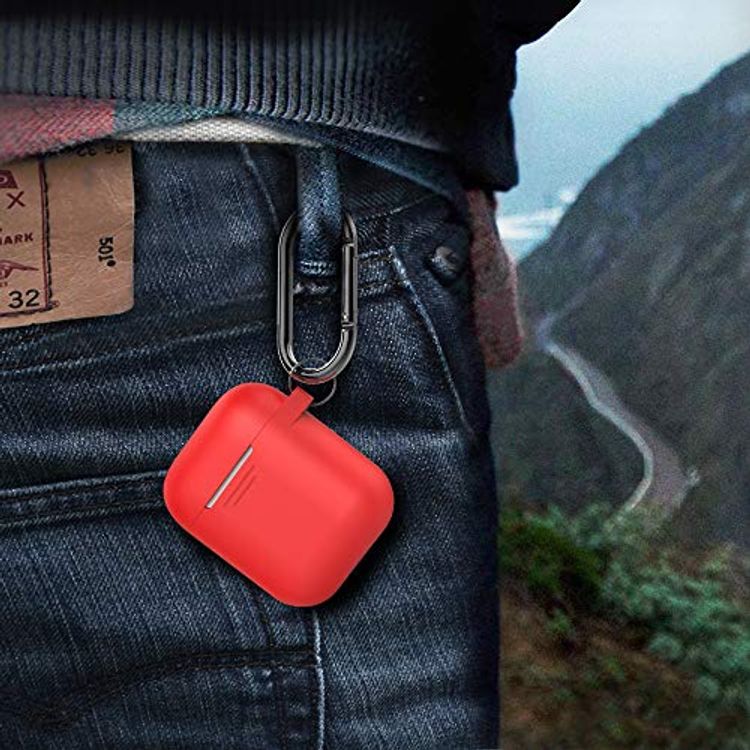 AhaStyle Keychain Silicone Case with Anti-Lost Ring for AirPods 1/2 Generation, Drop Resistant, Dustproof and Absorbing Protective Cover with Hang Case Red