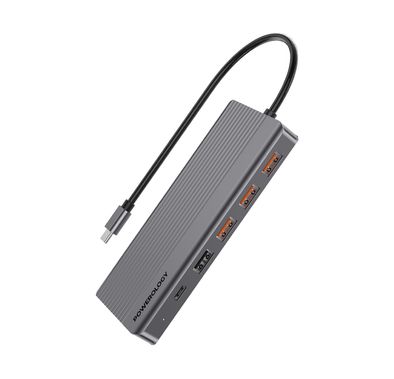 Powerology 13-in-1 USB-C Hub, 4K, HDMI, Type-C, 100W PD, Ethernet, USB SD MicroSD, 3.5 AUX - Gray