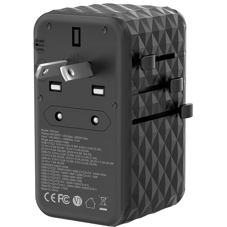 Powerology GaN 170W Universal Charger with 4 Fast Charging Ports & AC Sockets, 140W Power Delivery, Simultaneous Charging, 2500W Rated Power, Spare Fuse Included - Black