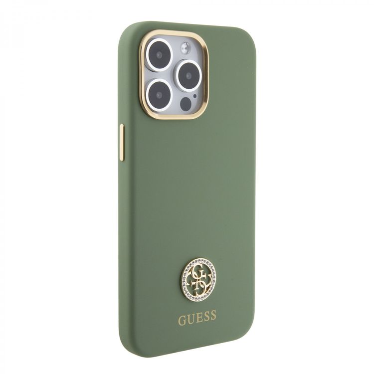 Guess Silicone Case with 4G Strass Logo Case for iPhone 15 Pro - Kaki