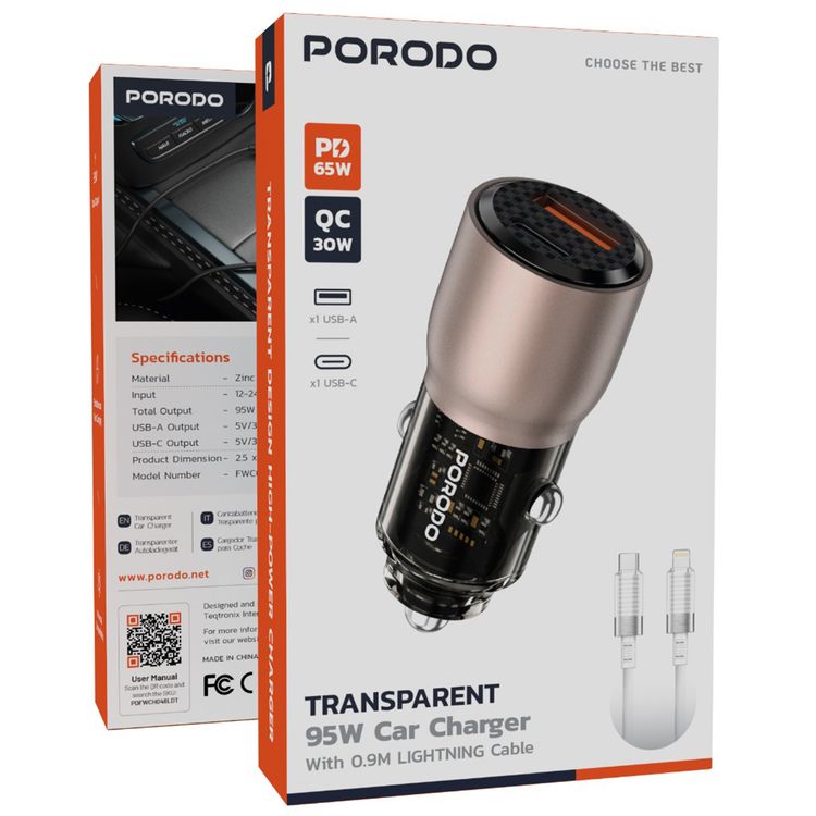  Porodo 95W Transparent Car Charger with 90cm USB-C to Lightning Cable, Zinc Alloy & PC Material, 30W USB-A & 65W USB-C Outputs, Simultaneous Fast Charging, Universal Compatibility - Desert Titanium