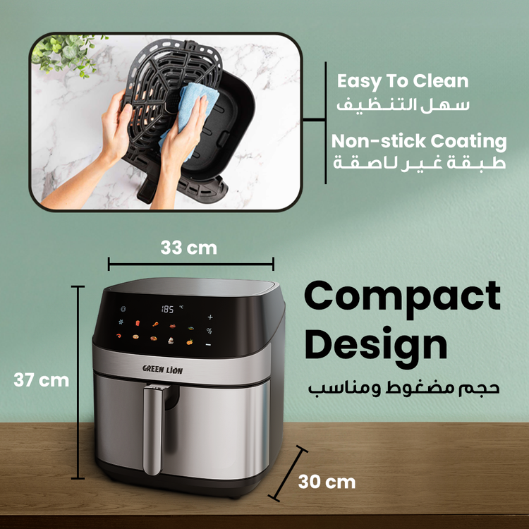 Green Lion Deluxe Air Fryer with LED Touch Screen, 8L Capacity, Up to 60 Minutes Frying Time, 10 Preset Programs, Rapid Air Circulation, 2200W Power, Non-Stick Coating - Black