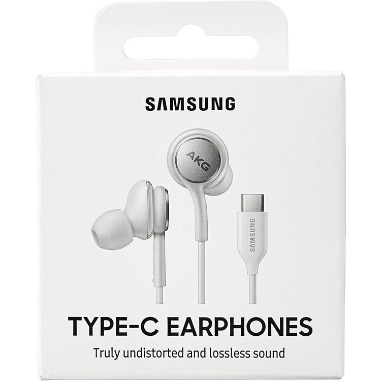 Samsung Stereo Type-C Earphones Sound By AKG with Microphone, Wired Headset, Two-Way Speaker, ‎Tangle-Free Cord, 3 Button Media Control, Universal Compatibility, Lightweight, Fabric - White