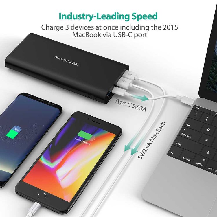 RAVPower Ace Series Portable Charger Power Bank 26800mAh with Dual Input & LED Battery Level Indicator - Type-C Compatibility - iSmart Double-Quick Recharge Powerbank - Black