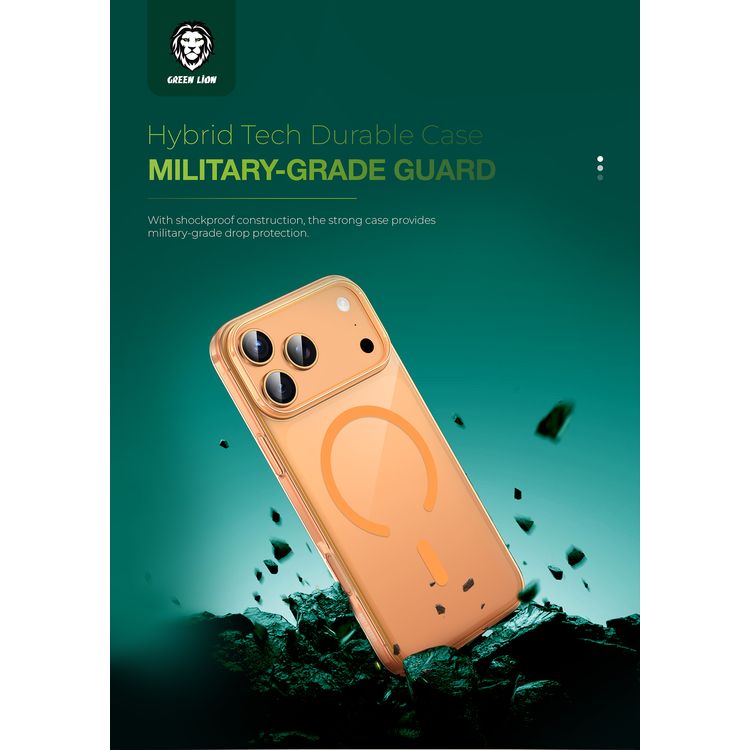 Green Lion MagSafe Delgado Case for iPhone 17 Pro, Ultra Drop Protection, Camera Protection, Ultra HD Clarity, Anti-Fingerprint, Anti Scratch, Slim Fit - Orange Titanium