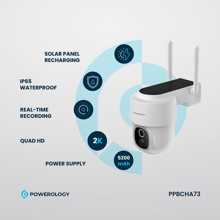 Powerology Built-in Solar Pan & Tilt Outdoor Camera, Lithium Battery, 5200mAh Rechargeable Battery, 1.5 W Solar Panel, 1269 × 2304P Camera Resolution, 10m Infrared Recording Distance - White