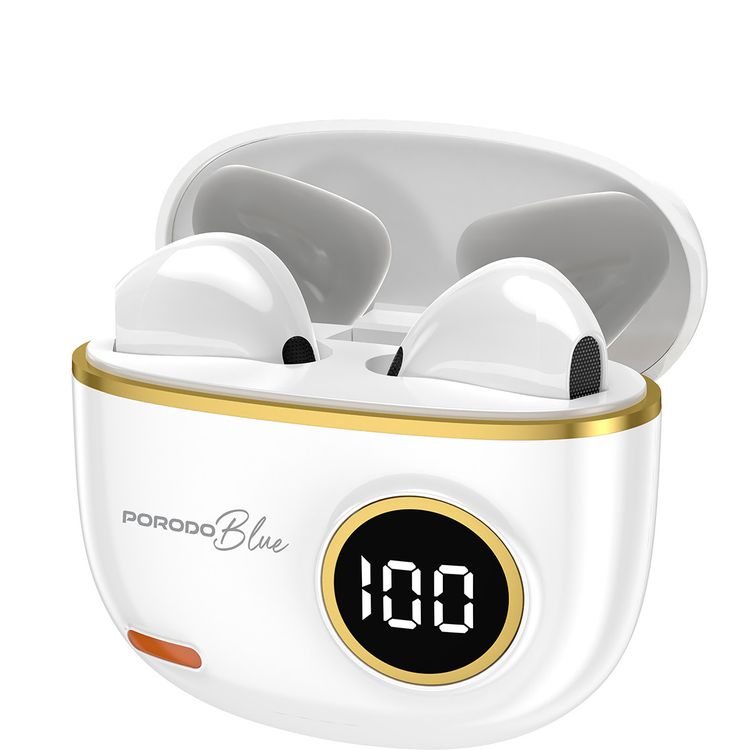 Porodo Blue Pop Tune True Wireless Deep Bass Earbuds with Digital Battery Display, Up to 4 Hours Music Playtime, IPX4 Water Resistance Level, Bluetooth Version 5.4, 10m Bluetooth Range, Type-C Charging Port, 180mAh Charging Case Capacity, Touch Control, Immersive Audio, Powerful Driver - White