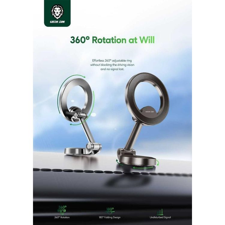 Green Lion MagHold 360 Car Mount, Zinc Alloy Material, Powerful Magnet, Secure & Stable, MagSafe Compatible, Flexible Design - Black