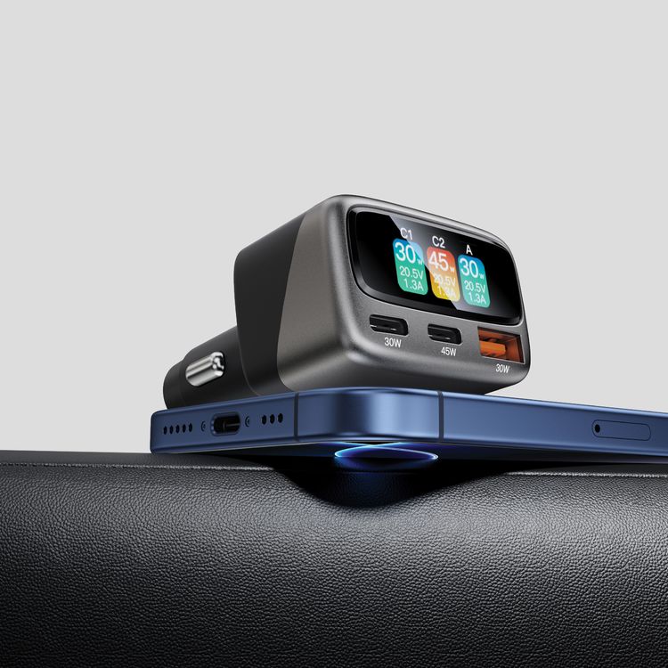 Green Lion Drive Core 105W Car Charger with 3-Ports Fast Charging Adapter, PD 45W Type-C, QC 30W USB-A, Zinc Alloy with TFT Voltage Monitor, for iPhone & Samsung, Light and Thin Laptops & Tablets, Zinc Alloy + Flame Retardant PC Material - Gray 