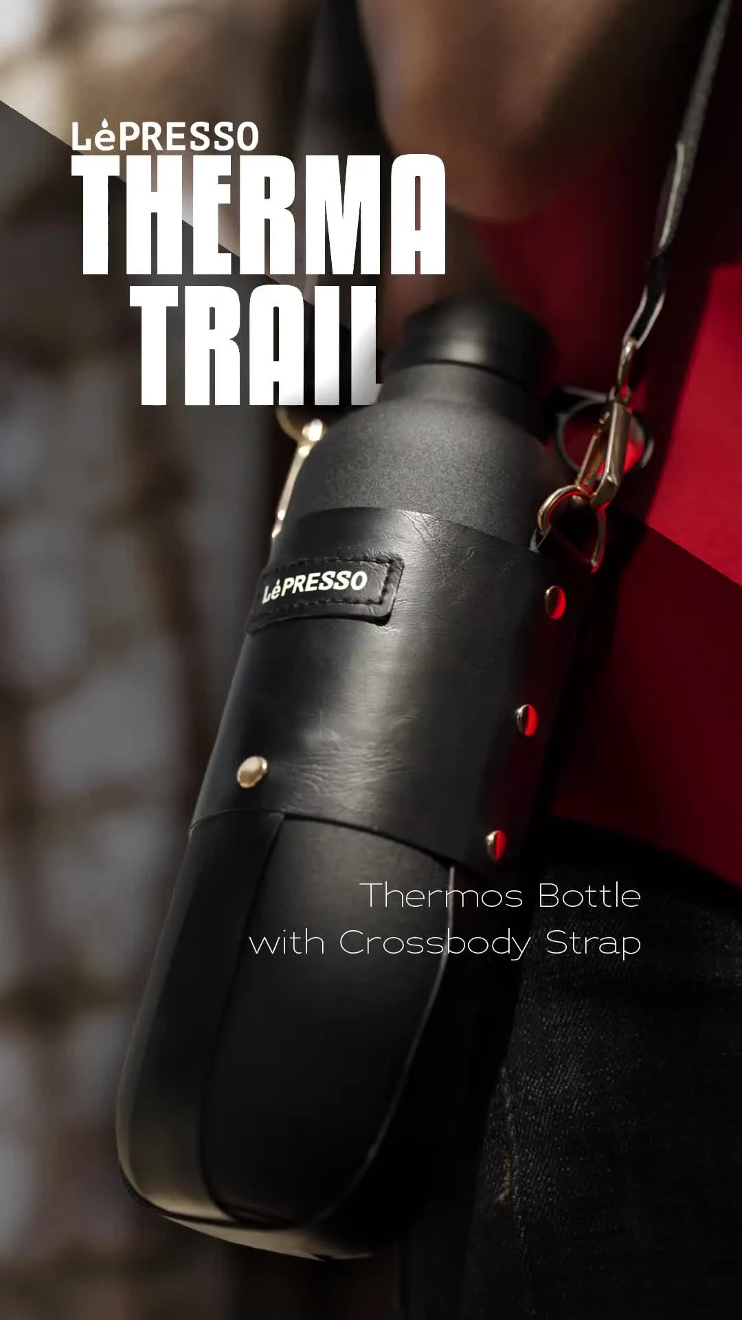 LePresso ThermaTrail Thermos Bottle with Crossbody Strap, 650 mL Capacity, -20°C to 100°C Water Temperature Range, Leather Strap Material, Tea Brewing, 316 + 304 Stainless Steel+PP+Silicone Material