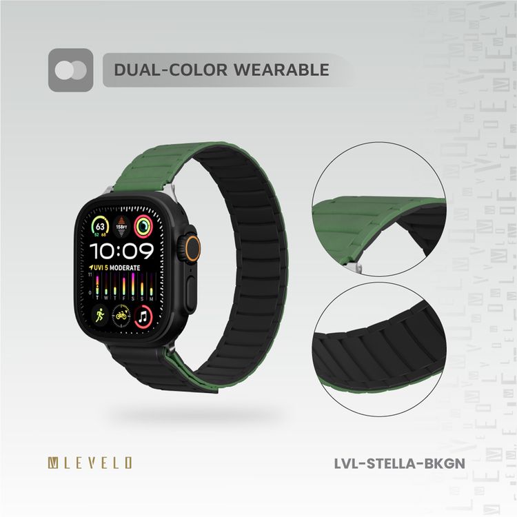 Levelo Stella Silicone Watch Strap with Magnets, Compatible with 49/46mm Smartwatches & Apple Watch SE, Series 9, 8, 7, 6, 5, Dual-Color Wearable, Hypoallergenic Material, Easy Snap-On, Sweat-Resistant, Water-Resistant - Black / Green