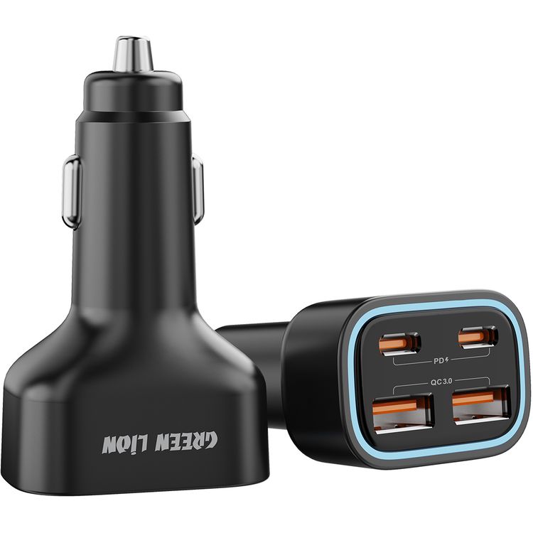 Green Lion Quad Port Car Charger with PD 35W, QC 3.0 35W, 2× USB-A & 2× USB-C Ports, PC Material, Compact Design, Charging Protection, Fast Charge Support - Black