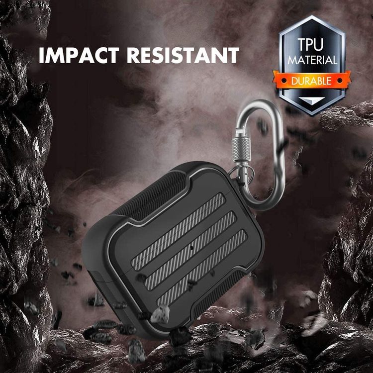 جراب قوي البنية من اهاستايل ايربودز برو غطاء واقٍ صلب من البولي يوريثان الحراري مقاوم للصدمات متوافق مع علبة شحن ايربودز برو - اسود