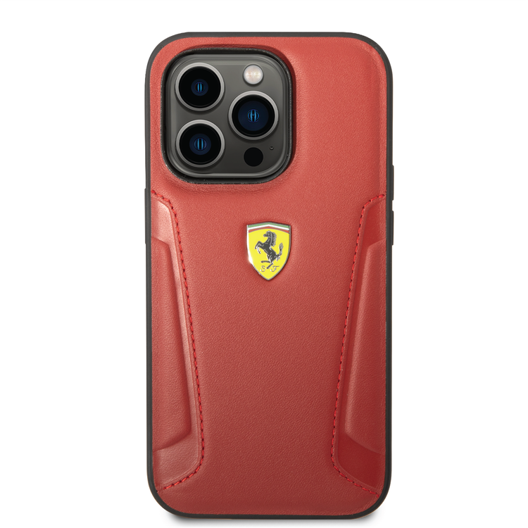 Ferrari Leather Case With Hot Stamped Sides & Yellow Shield Logo - iPhone 14 Pro Max - Red
