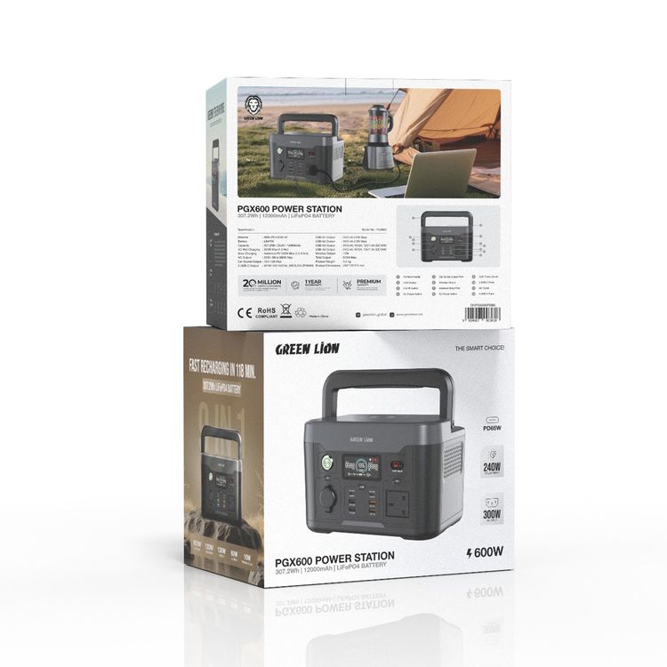 Green Lion PGX600 Power Station with LCD Display, 4 × USB-A & 2 × USB-C Ports, 10W Wireless Output, 910W Total Output, Fast Recharging, 65W Power Delivery - Black