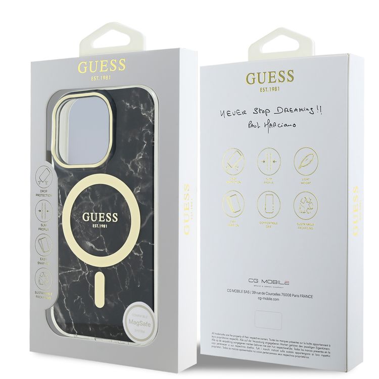 Guess Magsafe IML Hard Case with Marble Design for iPhone 16 Pro Max, Comfortable Grip, Easy Snap-On, Precise Port Cutouts - Black