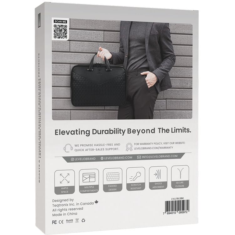 Levelo Luxe 16" Laptop Sleeve, Secure Closure, Padded Design, Ample Space - Black
