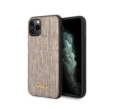CG Mobile Guess PU Lizard Print Case with Metal Logo for iPhone 11 Pro (5.8") Officially Licensed, Shock Resistant, Scratches Resistant, Compatible with Wireless Chargers - Gold