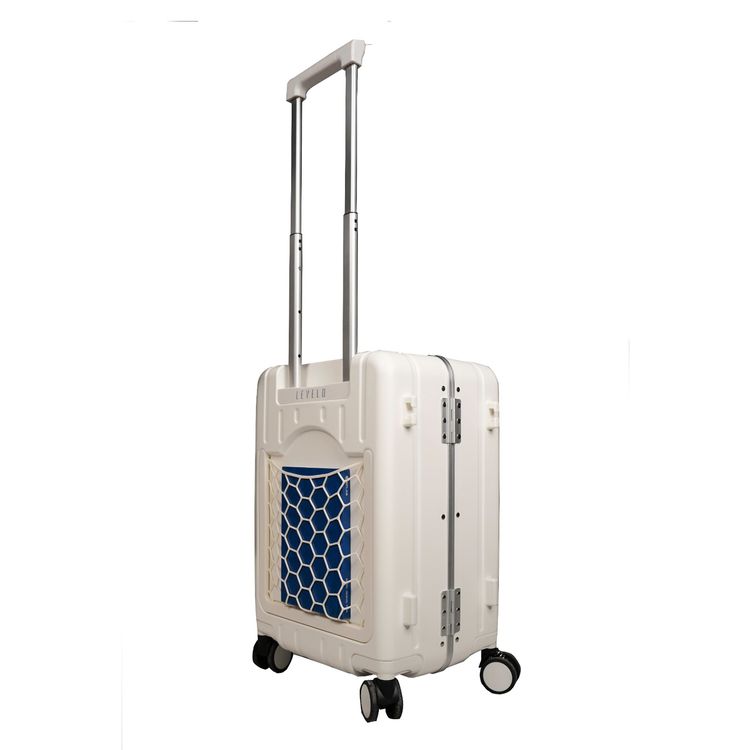 Levelo RoamCruiser 20" Travel Luggage with Detachable Kid Holder, Impact Resistance, PC & Aluminum Material, 50kg Weight Capacity, Silent Wheels, Hypoallergenic Interior, 2 Fusion Telescopic Handles, Integrated Wheel Locks, Built-in Document Holder - White