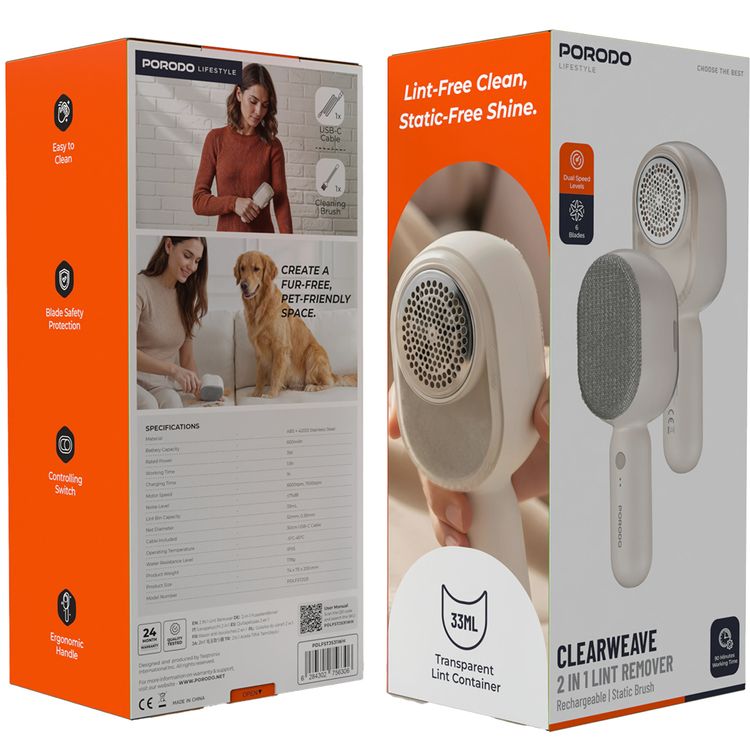 Porodo Lifestyle Clearweave 2-in-1 Rechargeable Fabric Lint Remover with Controlling Switch, Ergonomic Handle, Blade Safety Protection, Cleaning Brush, USB-C Cable, 90 Minutes Working Time, 1 Hour Charging Time, IPX5 Water Resistance Level, 600mAh Battery Capacity - White