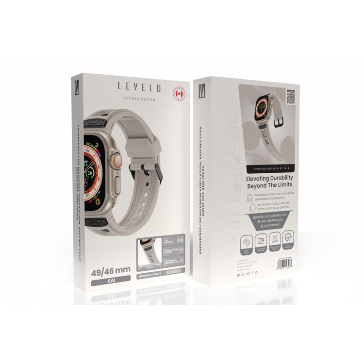 Levelo Kai Watch Strap, Apple Watch SE 9/8/7/6/5 (46/49mm), TPU + Metal Buckle, Hypoallergenic, 24/7 Wearability - Moonlight White