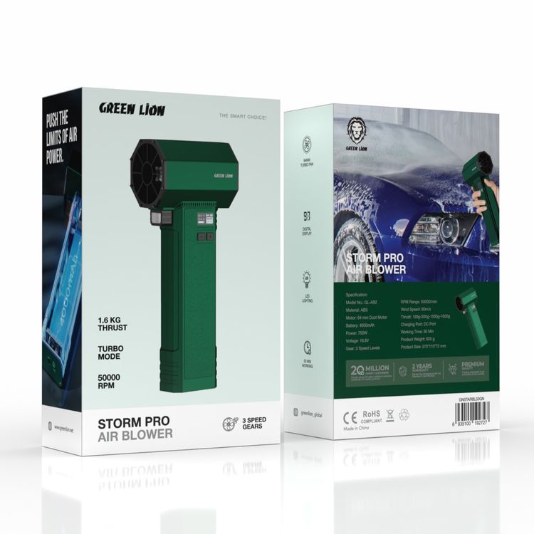 Green Lion Storm Pro Air Blower with 3 Speed Levels, Digital Display, LED Lighting, 4000mAh Battery, 750W Power - Green