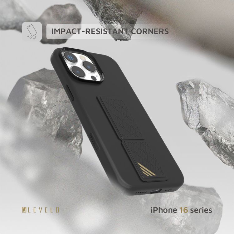 كفر حماية سيليكون Levelo Morphix مع قبضة جلدية لهاتف iPhone 16 Pro، حلقة معدنية للكاميرا، حامل متعدد الوظائف، زوايا مقاومة للصدمات، مواد فائقة المتانة - أسود