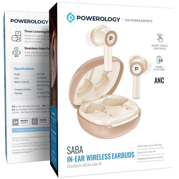 Powerology Saba In-Ear Earbuds with Active Noise Cancellation, Up to 5 Hours Battery Life, Bluetooth Version 6.0, Up to 10m Bluetooth Range,  Type-C Charging Port, Secure In-Ear Fit, Seamless Auto Pairing - White
