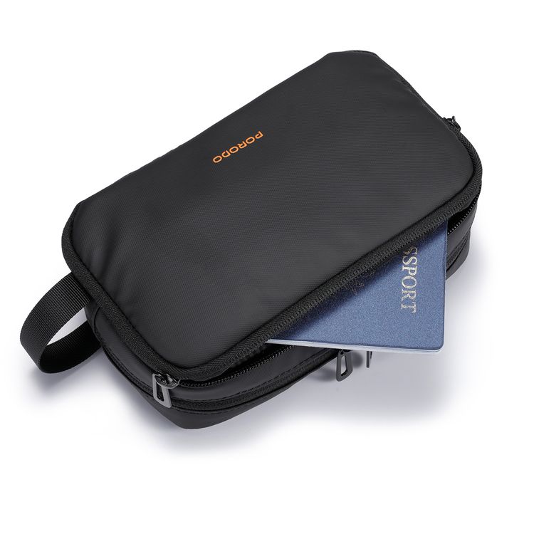 Porodo Ultralite Organizer Pouch with Dual Compartmnts, Zipper Closure, High-Quality Polyester Material, Water-Repellant Surface, Internal Mesh Pockets, Quick-Grab Handle, Compact Design - Black