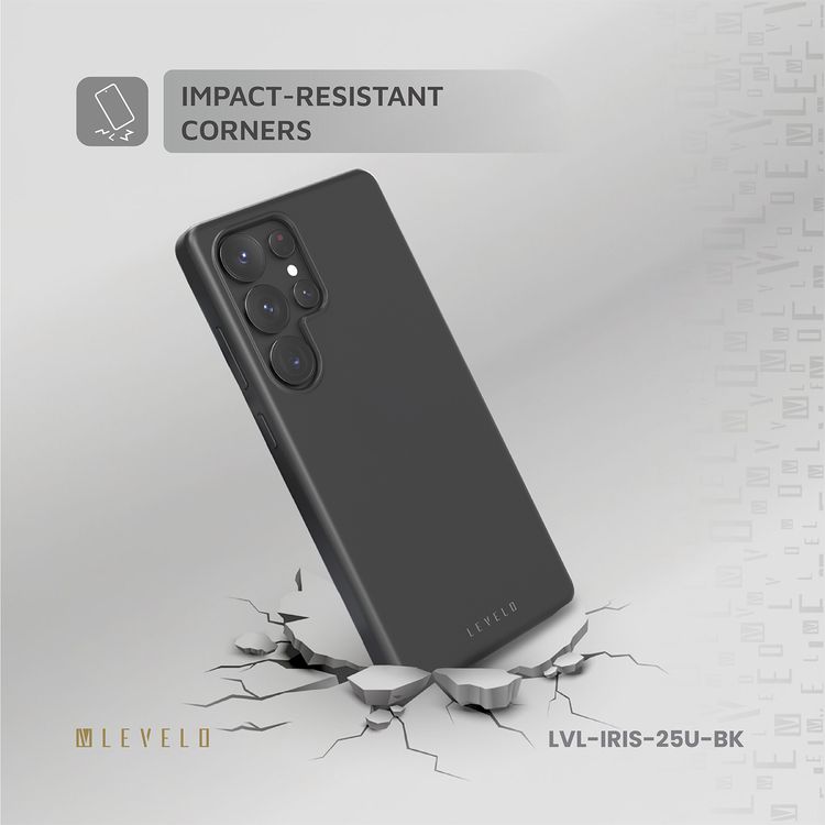 جراب Levelo Iris لهاتف Samsung Galaxy S25 Ultra متوافق مع MagSafe، مصنوع من مادة السيليكون السائل الممتازة، وزوايا مقاومة للصدمات، وحلقة كاميرا معدنية، ومغناطيس MagSafe قوي - أسود