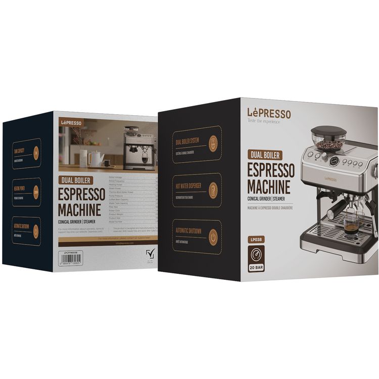 LePresso Dual Boiler Espresso Machine with Conical Grinder & Steamer Functions, 2.8L Water Tank Capacity, 2300W Heating Power, Hot Water Dispenser - Silver
