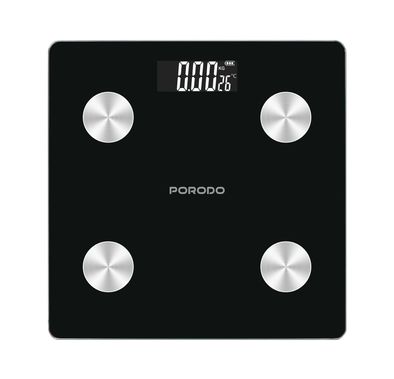 Porodo Gravis Smart Body Fat & BMI Scale with Digital Display, kg & lb Units, Automatic Shut-On/Off, 15 Body Metrics, Tempered Safety Glass, 3-180kg Weighing Range - Black