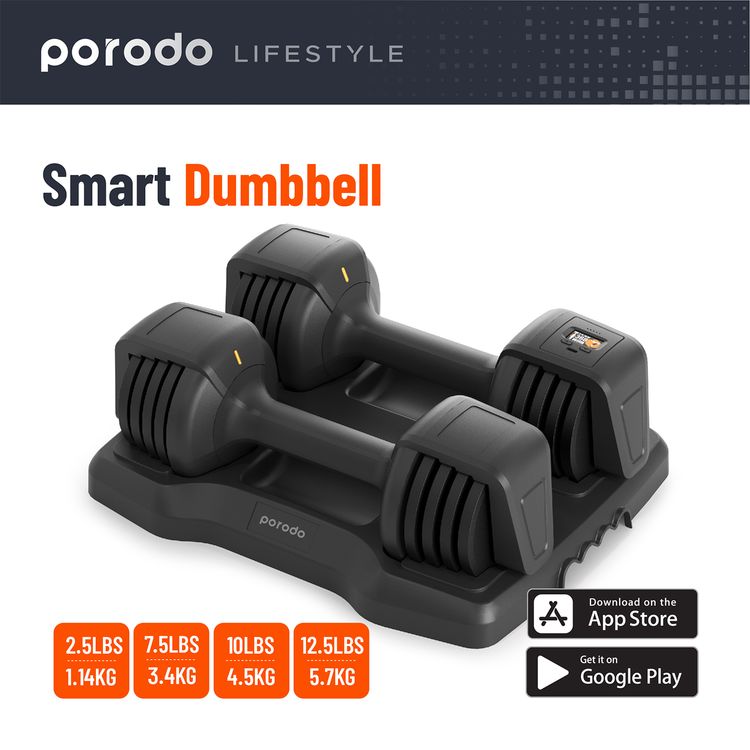 Porodo Lifestyle Smart Dual Dumbbells Set with 200mAh Battery Capacity, 6 Hours Working Time, 1.5 Hours Charging Time, Type-C Charging Port, Bluetooth Version 5.1, 15m Bluetooth Range, Multi-Weight Settings, Train Body Parts Mode - Black