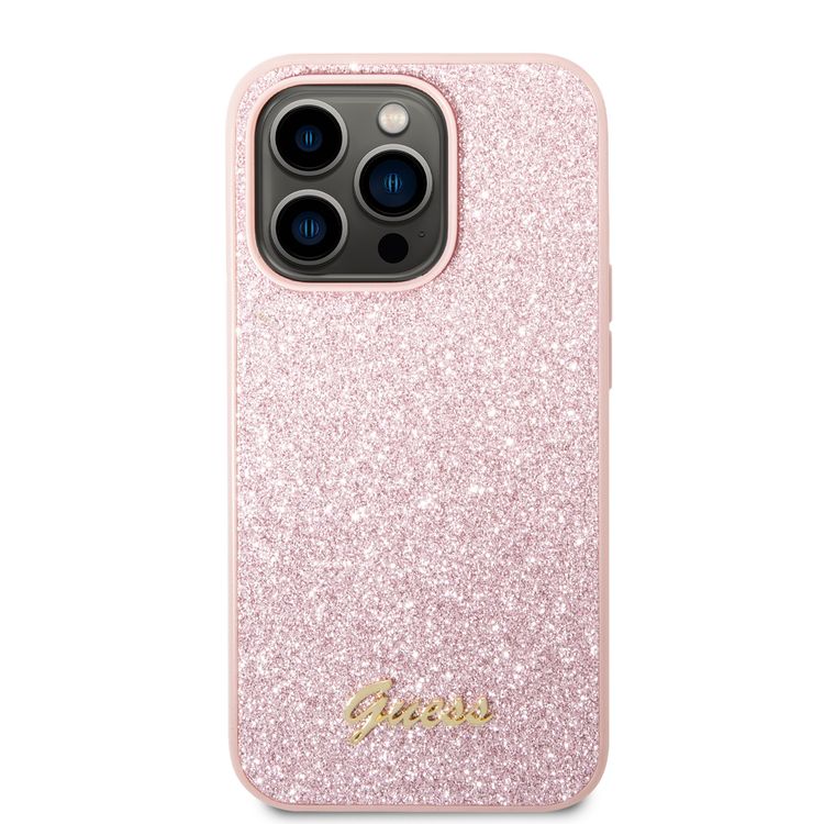 Guess PC/TPU Glitter Flakes Case with Script Metal Logo iPhone 14 Pro Compatibility - Pink