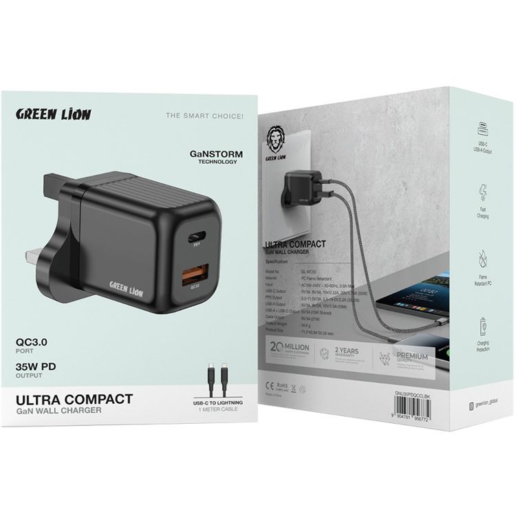 Green Lion Ultra Compact Gan Wall  Charger with Type-C to Lightning Cable, PD 35W, USB-A & USB-C Ports, 3-Pin UK Power Plug, PC Flame Retardant Material, Charging Protection, GaNStorm Technology - Black
