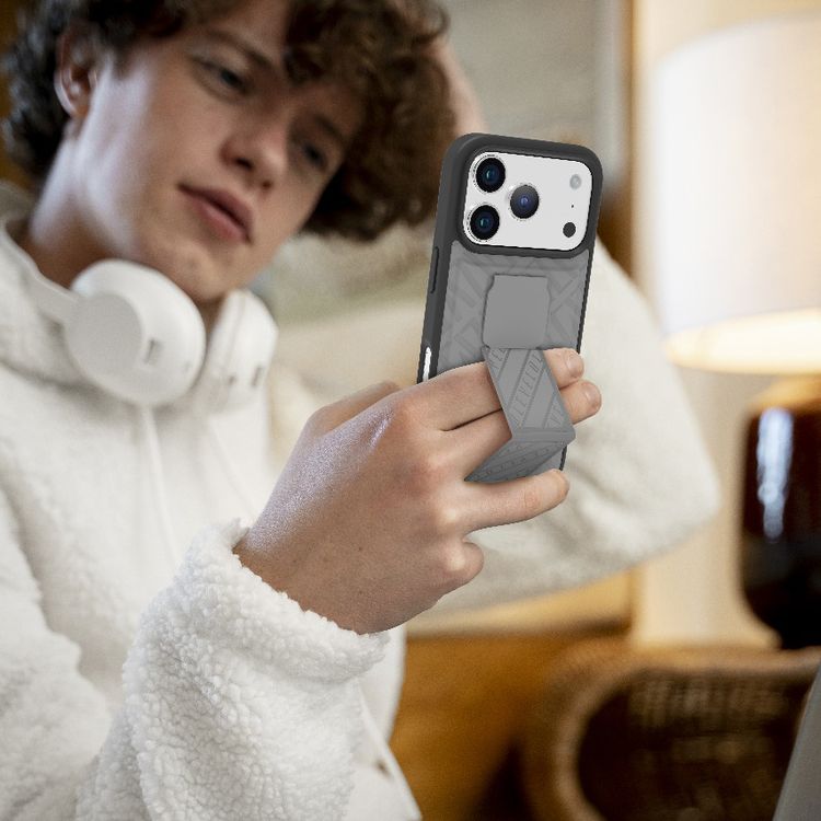 Levelo Morphix Cuero GripStand Case for iPhone 17 Pro Max, Raised Bezels for Camera & Screen, Shock-Resistant Bumper, Secure Hold, Horizontal & Vertical Viewing - Cloud Gray