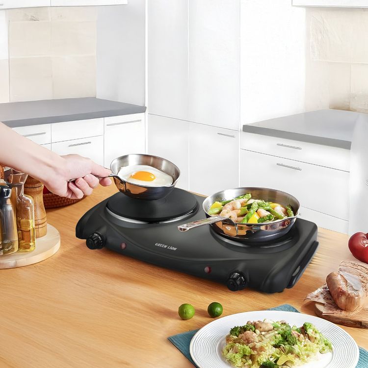 Green Lion Electric Stove with Double Hot Plate, 6 Heating Levels, Anti-Slip Base, Power Indicator, Easy-to-Clean Design, Thermostat Control, Iron & Plastic Material, 50-500° C Temperature Range, 70cm BS Plug - Black