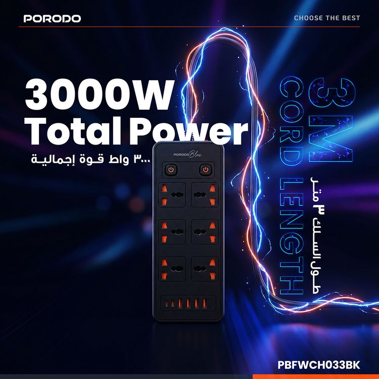 Porodo 6 AC Sockets Power Strip with ×4 USB-A & ×2 USB-C Ports, 3000W Rated Power, Premium Material, 3m Cable Length, UK 3-Pin Power Plug, Dual Power Switch Control, Safety Shutter, 13A Maximum Current - Black  